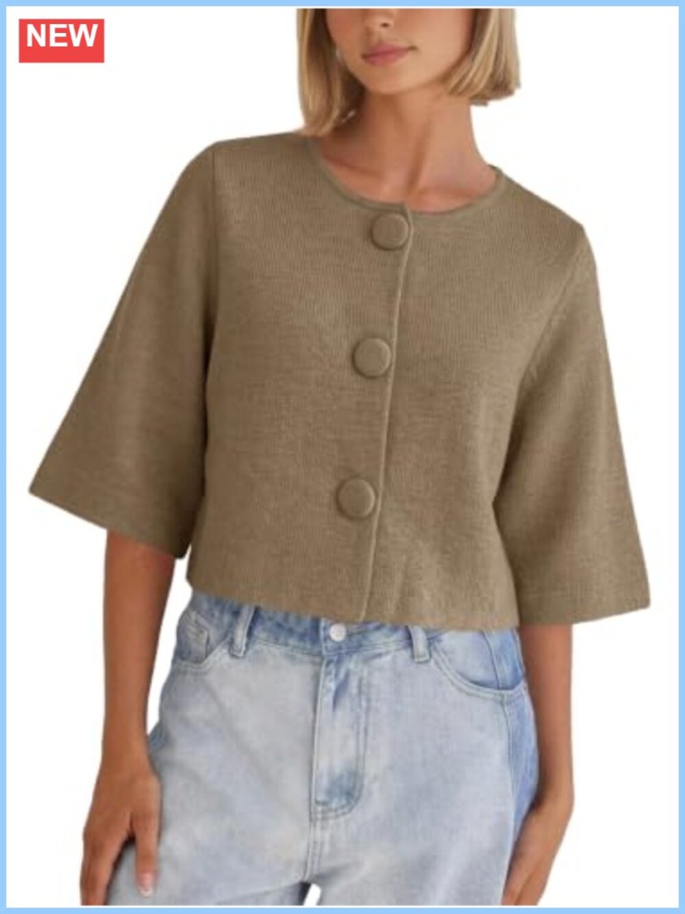 Womens Cropped Half Sleeve Cardigan Knit Button Down Sweater